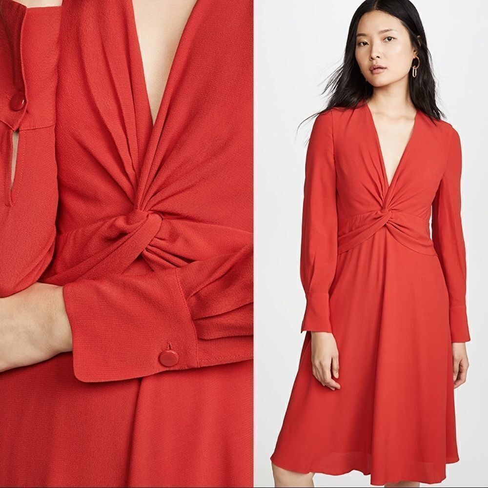 Equipment Plunging Faun Long Sleeve Knotted Front Midi Dress In Aura Orange